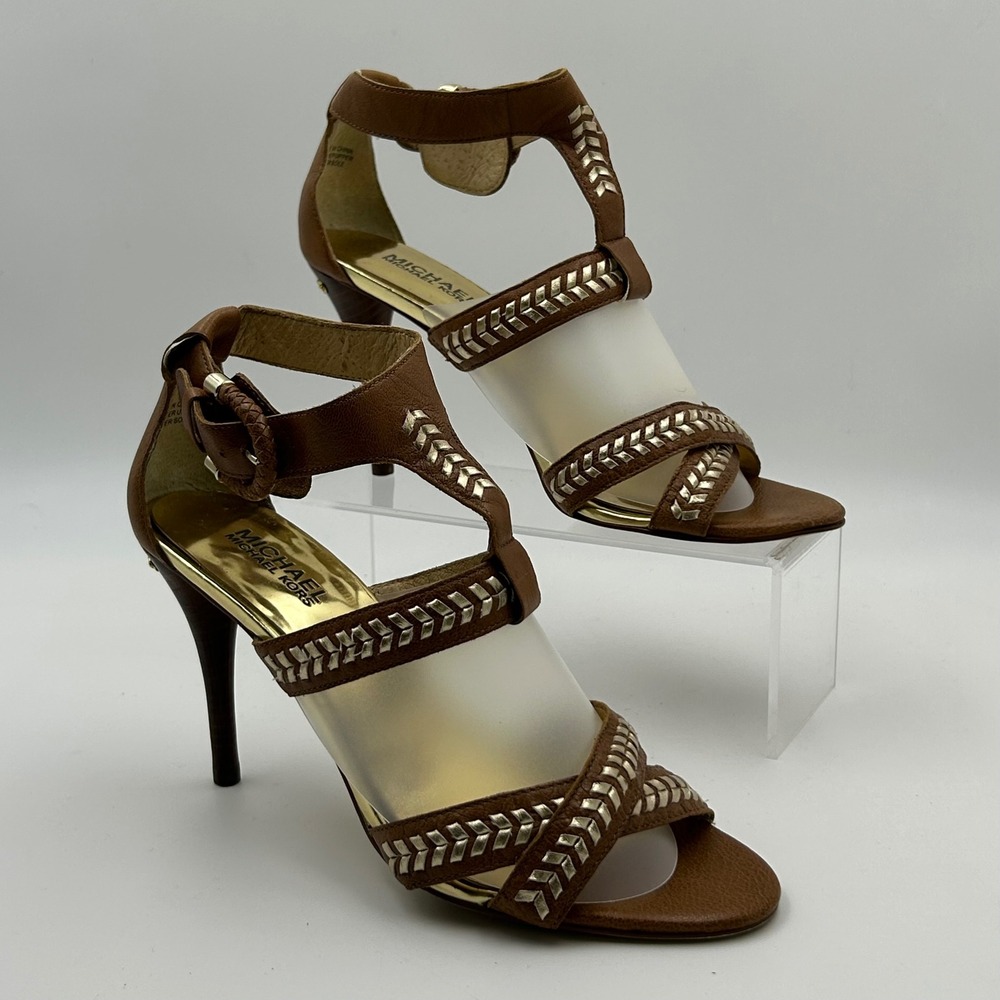 Michael Kors Sandals Women 8M Brown Leather Gold Woven T-Strap Stiletto Glam